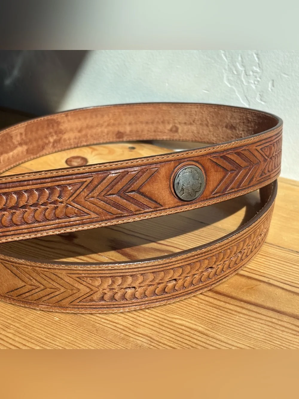 Vintage Leegin Leather Belt Mens Brown Tooled Buffalo Nickel Western Sz 40